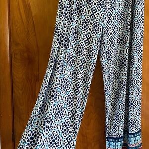 Blue and White Geometric Patterned Pants